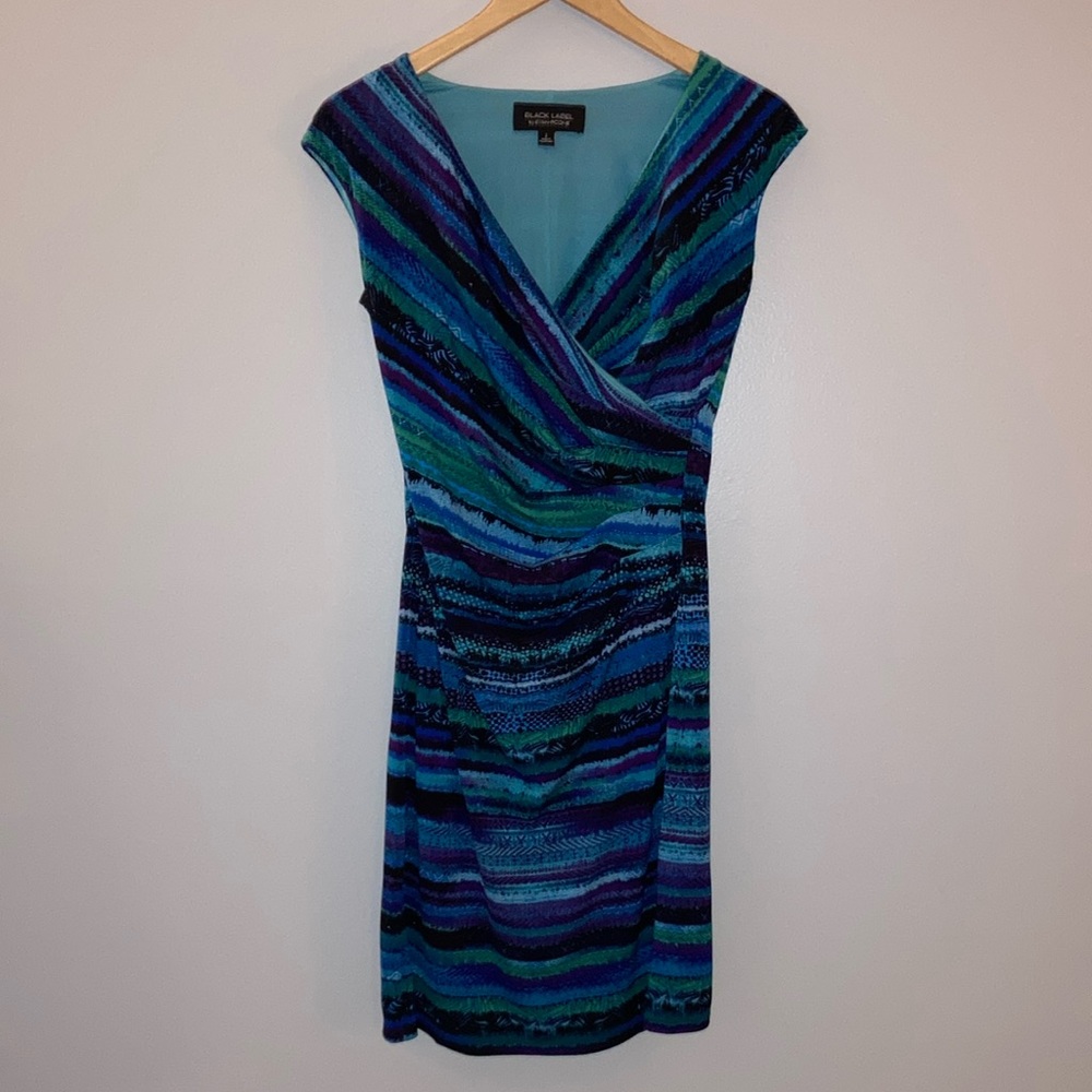 Black Label by Evan-Picone Crossover Stretchy Blue/Green Dress sz 2 NWT